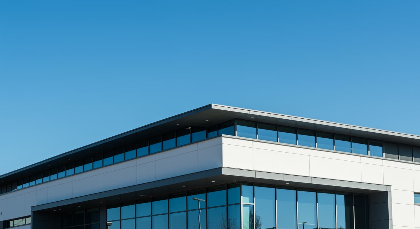 Modern commercial building with newly installed, spotless flat roofing system under clear sky