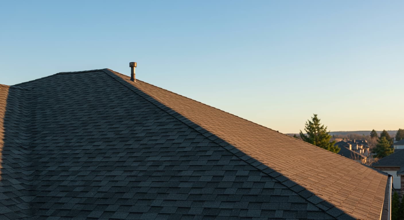 Newly repaired residential roof after emergency service, showing clean shingles and neat roof lines under clear sky