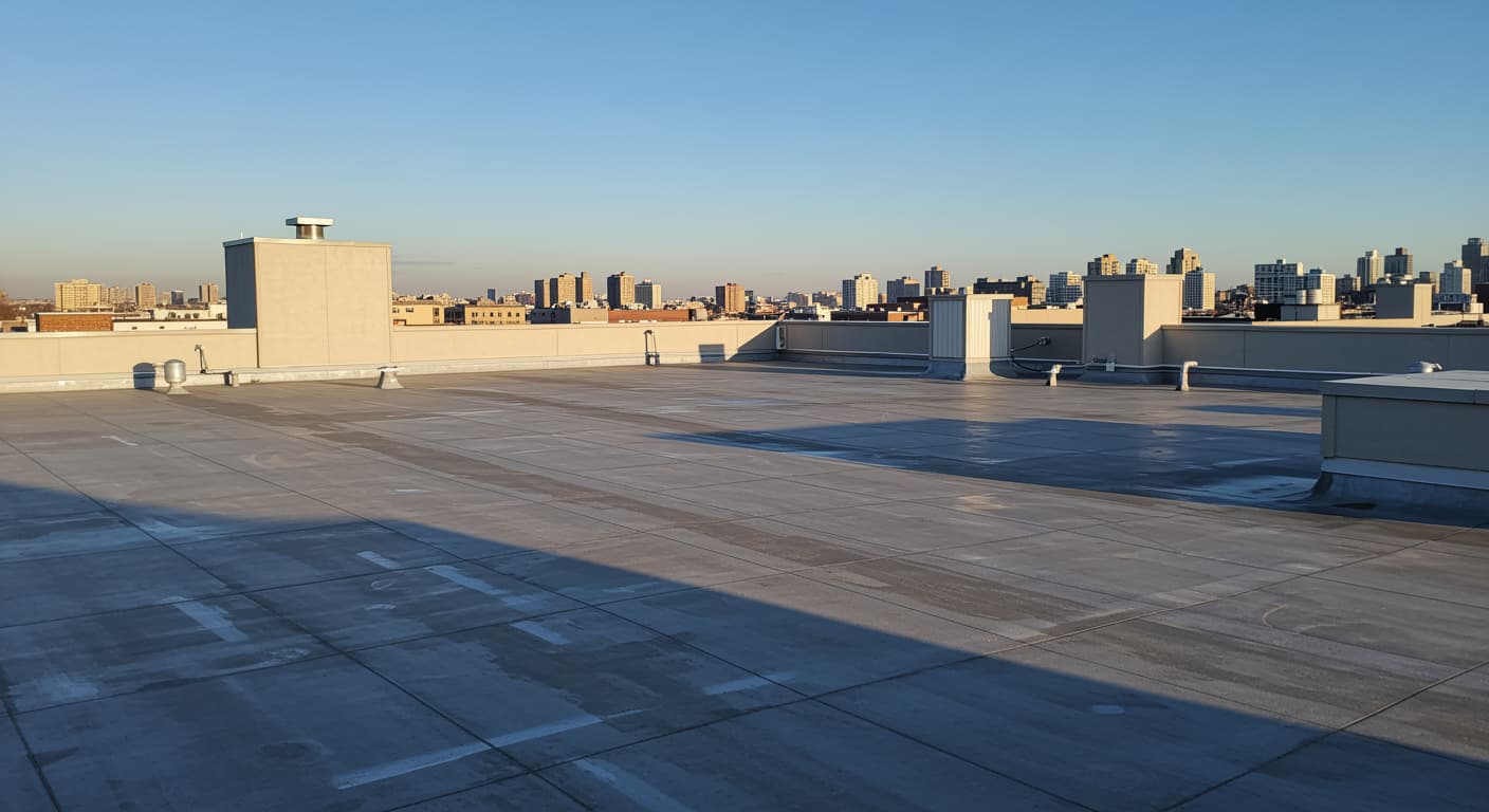Flawless modern flat roof surface with clean lines and low parapet walls under bright daylight, showing completed professional roofing work