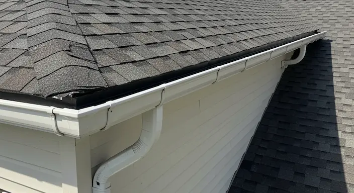 Seamless gutter installation on a residential home with clean roofline and new white gutters