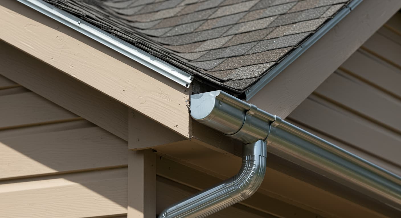 Newly installed seamless metal gutters on a residential roof with clean lines and matching siding