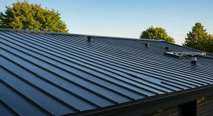 Modern home with a newly installed metal roof, gleaming in sunlight with clean lines and surrounded by trees