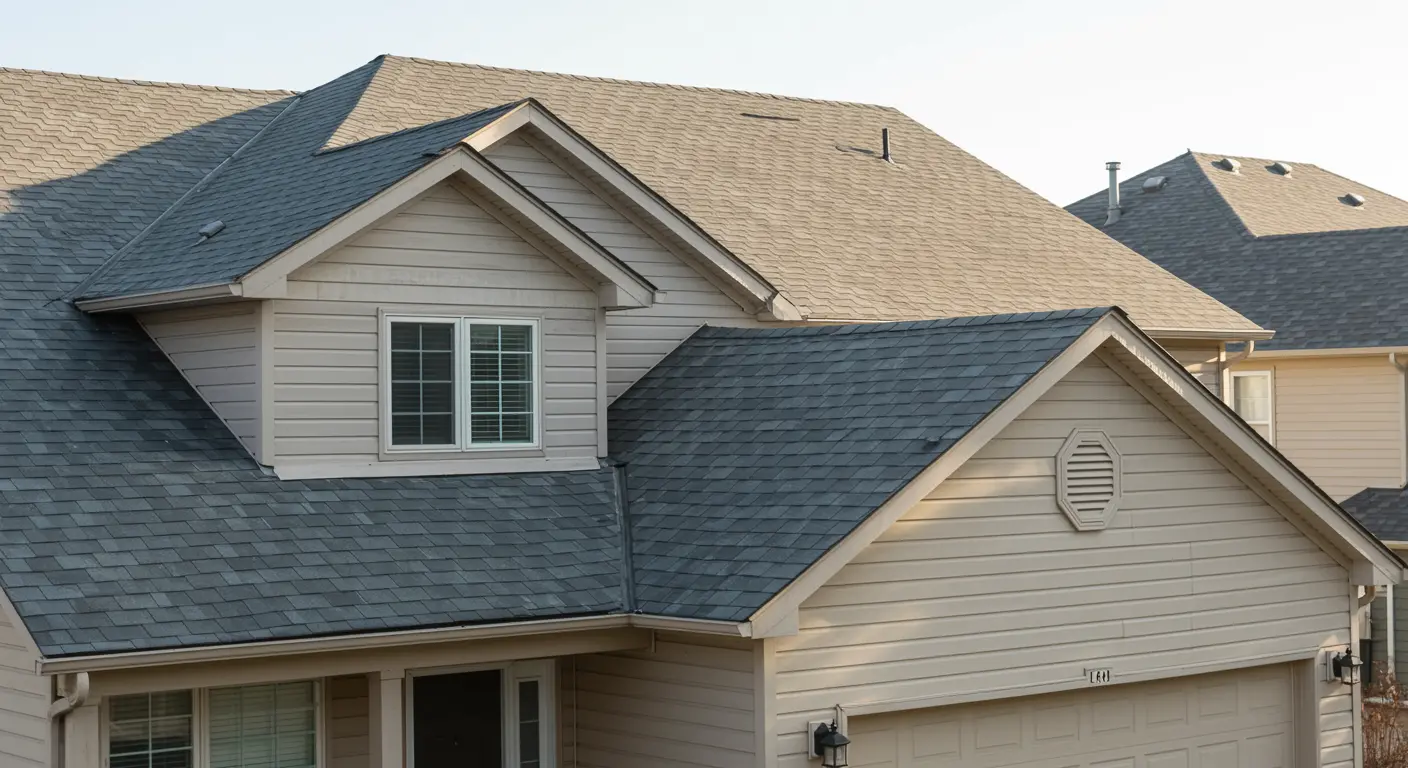 Freshly completed residential roof on a suburban home with uniform shingles and clean roof lines