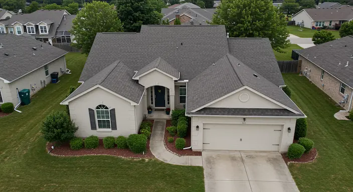 aerial view of a residential home's pristine roof after inspection, with clean roofing and well-kept surroundings