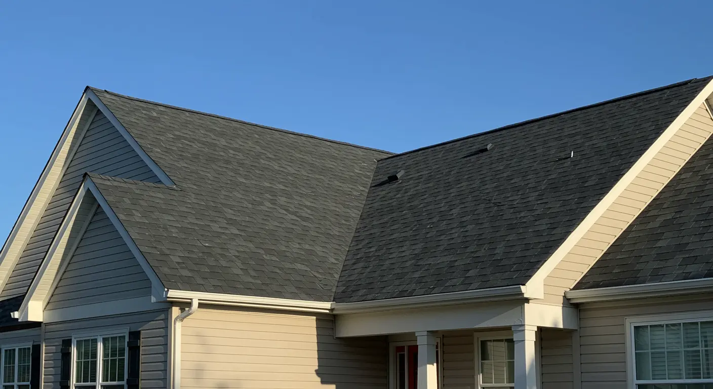 Newly installed dark shingle roof on a modern home exterior with white trim and landscaping, highlighting professional roofing work