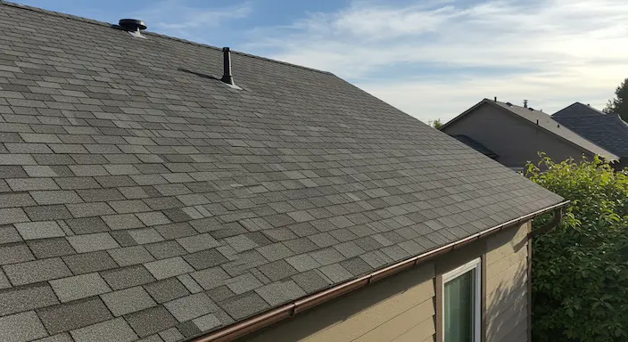 Residential roof in excellent condition with clean shingles and perfect gutters after professional roof maintenance