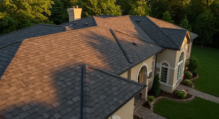 Beautifully repaired residential roof with new shingles and clean gutters on a sunlit home exterior