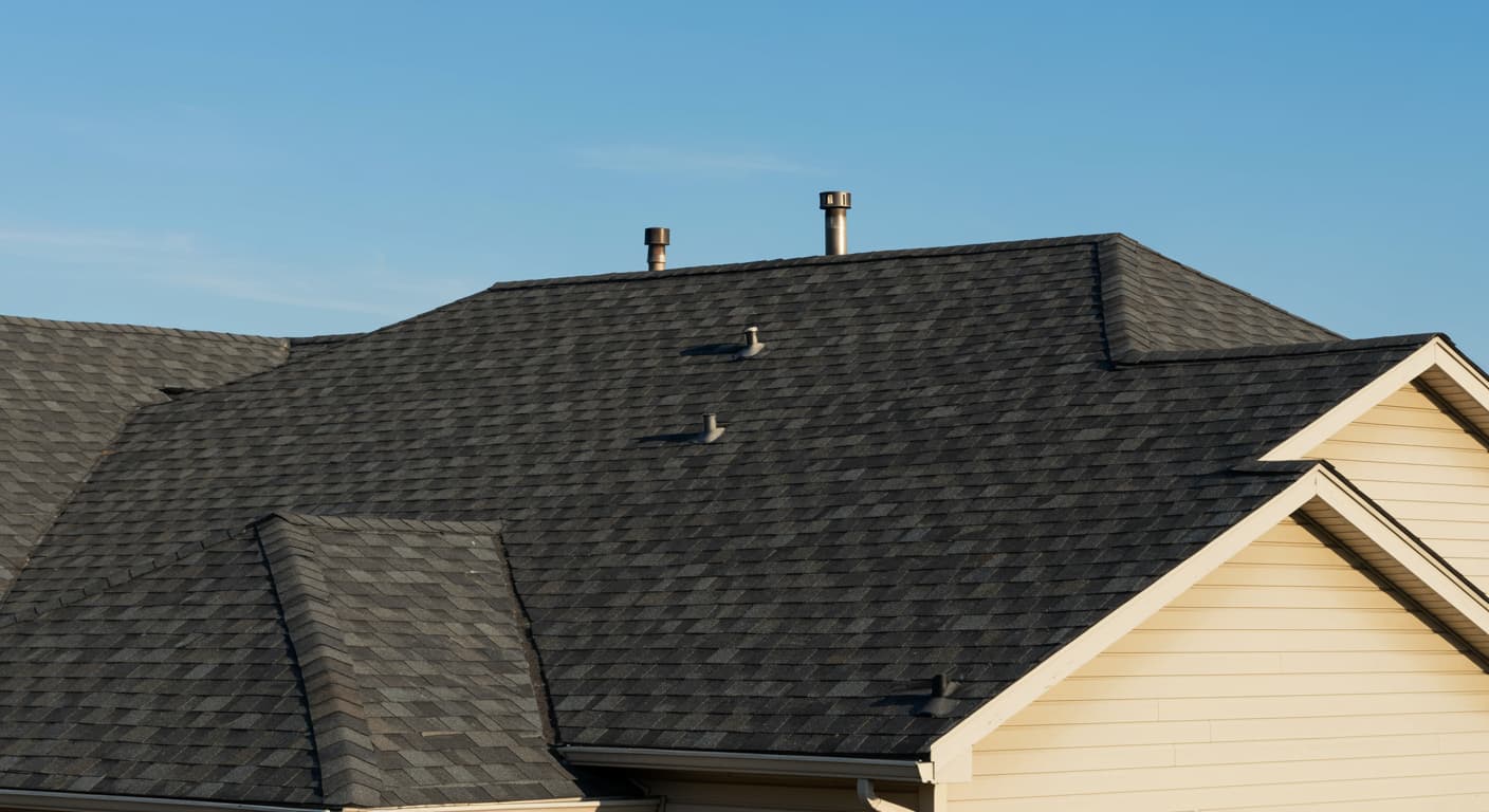 New asphalt shingle roof on a home, featuring crisp roof lines and fresh shingles, showcasing professional roofing work