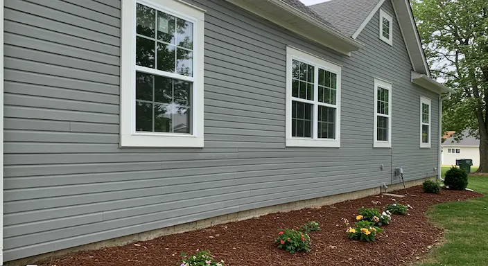 Front view of a house with new gray siding and white trim, showcasing professional siding installation and a clean, modern exterior