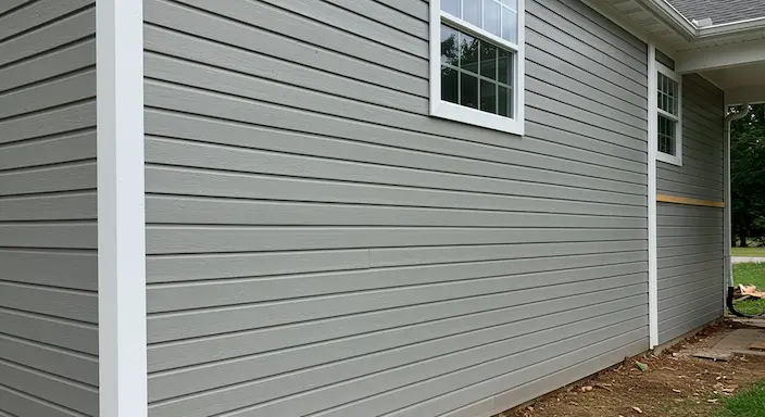 repaired siding on a residential home with smooth gray panels and white trim showing a flawless exterior
